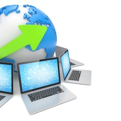 Laptop network around earth globe. 3d render