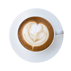 Top view of hot coffee latte cappucino cup with heart shaped foa