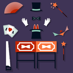 Set of magician Vector illustration Glove, hat, magic wand and set of tools of magician Flat design