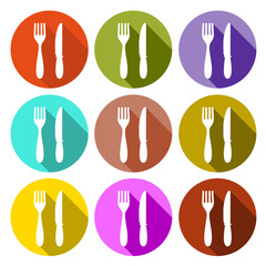 обед разноцветный набор иконок с вилкой и ножом