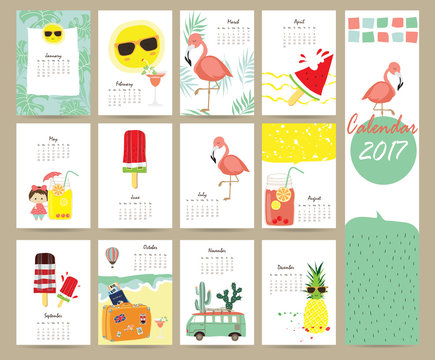 Colorful cute monthly calendar 2017 with Flamingo,ice cream,pine