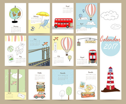 Colorful cute monthly calendar 2017 with bus,airplane,balloon,ca