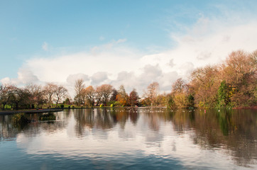 English lake in the park, Colorful Autumn in a sunny day.