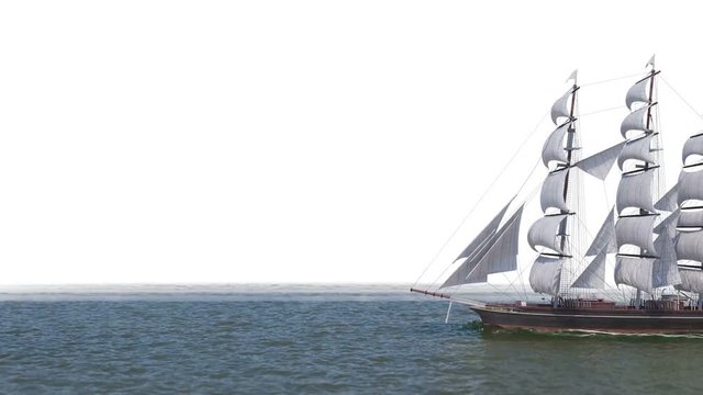 Ship sailing in rough seas on white isolate background with alpha mask