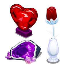 Stylized glass red heart, single rose and amethyst