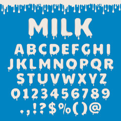 Milk latin alphabet, abc. Vector font type with splash and flow drop of white liquid. For dairy packaging design. Numbers and symbols isolated on white background.