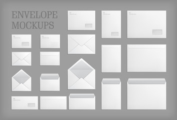 Set of standard white paper envelopes for office document or message. Vector empty mockups. White empty mail envelope with transparent window. Full and folded A4 size. Illustration on gray background - obrazy, fototapety, plakaty