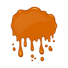 Vector splash of flowing caramel. Sweet liquid drop. Melt sugar, syrup or honey for dessert. Cartoon design. Graphic element for banner or sticker.