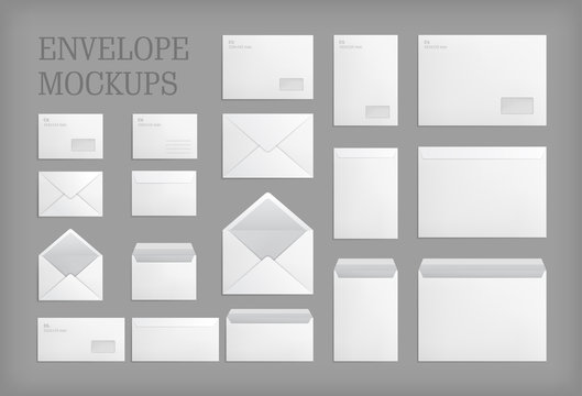 Set of standard white paper envelopes for office document or message. Vector empty mockups. White empty mail envelope with transparent window. Full and folded A4 size. Illustration on gray background