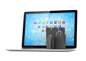 laptop and  shopping pags on white background. 3d rendering.
