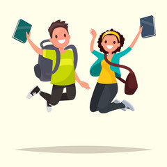 Happy couple of students jumping for joy. Vector illustration in