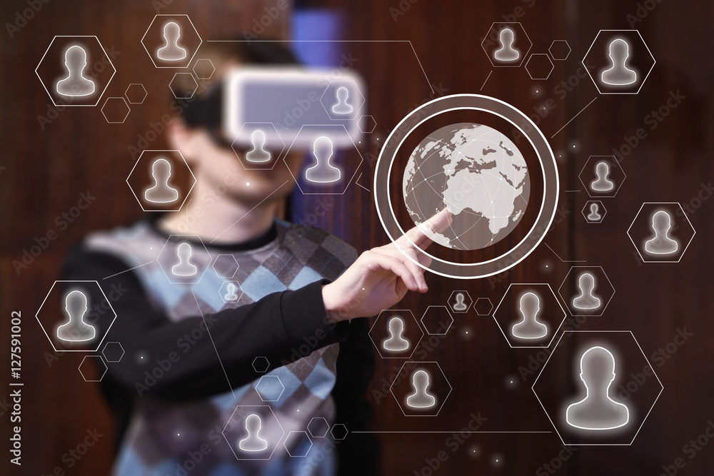 Poster businessman touch button map in virtual reality device vr