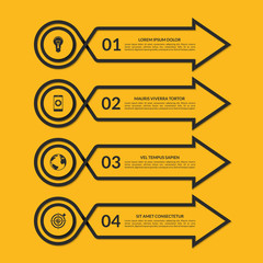 Infographic arrow design template on trendy yellow background. Vector banner with 4 options, steps, parts. Can be used for diagram, graph, chart, report, plan strategy, data visualization, web design