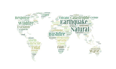 Obraz na płótnie Canvas Natural disasters word cloud in the shape of the Earth, background