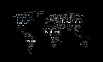 Natural disasters word cloud in the shape of the Earth,  background