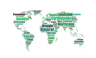 Fototapeta na wymiar Natural disasters word cloud in the shape of the Earth, background