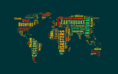 Natural disasters word cloud in the shape of the Earth,  background