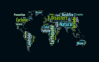 Fototapeta na wymiar Natural disasters word cloud in the shape of the Earth, background