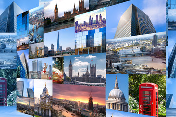 Collage of many images representing London the capital of Great Britain, modern office buildings,...