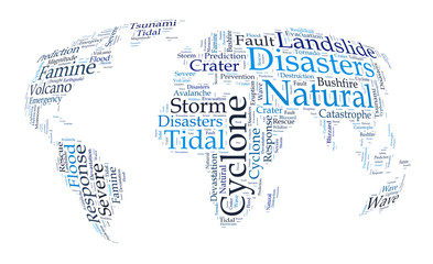 Natural disasters word cloud in the shape of the Earth,  background