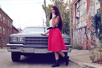 vintage young girl and car