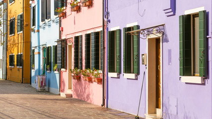 Very beautiful multi-colored houses on  the island Burano, Venic