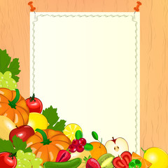 Thanksgiving menu. Paper with harvest of fruits and vegetables. Paper menu on wooden background. Vegetarian menu.