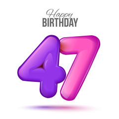 forty seven birthday greeting card template with 3d shiny number forty seven balloon on white background. Birthday party greeting, invitation card, banner with number 47 shaped balloon