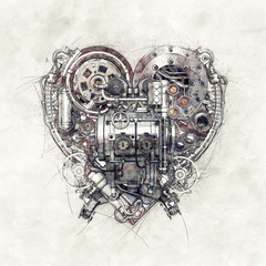 Sketch of a technical-mechanical heart, 3D Illustration