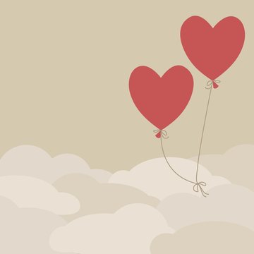 Valentine card template with two red balloons flying above the c