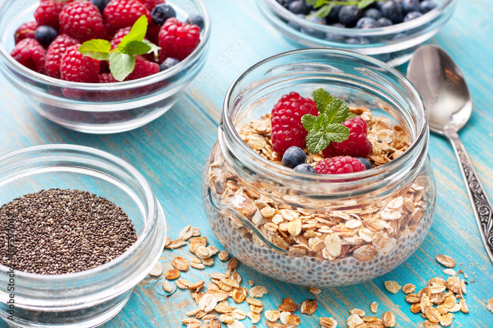 Canvas Prints chia pudding with muesli, raspberries, blueberries