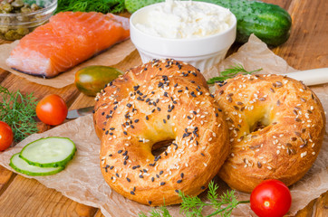 Homemade bagels with ingredients for making sandwich