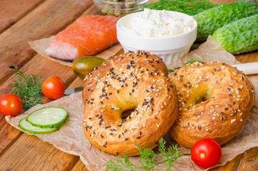 Homemade bagels with ingredients for making sandwich