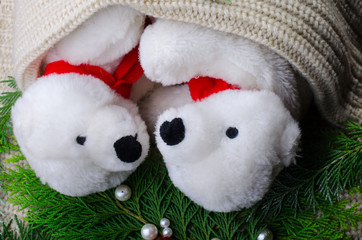Christmas background with teddy bear and fir branches