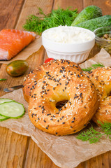 Homemade bagels with ingredients for making sandwich