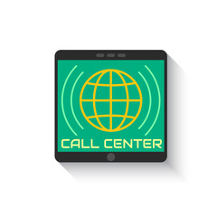 Green style Icon call center on the tablet screen. Logo Globe inside vertical mobile device, with sound waves. Icon smartphone in flat style isolated on white background. Vector