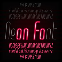 Fototapeta na wymiar Red neon typeface. Light turn on and off. Modern oblique alphabet. Uppercase and lowercase letters and numbers. Vector font for your design.