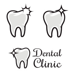 Dental clinic logo template. Human tooth with flare. Design element for badge, emblem, sign. Vector illustration.
