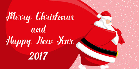 Merry Christmas and Happy New Year 2017 banner. Cute Santa Claus with big red bag on background snowflakes. Cartoon style. Concept design poster, greeting card or flyer. Vector illustration