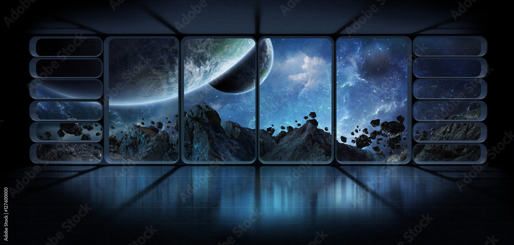 Poster view planets from a huge spaceship window 3d rendering elements