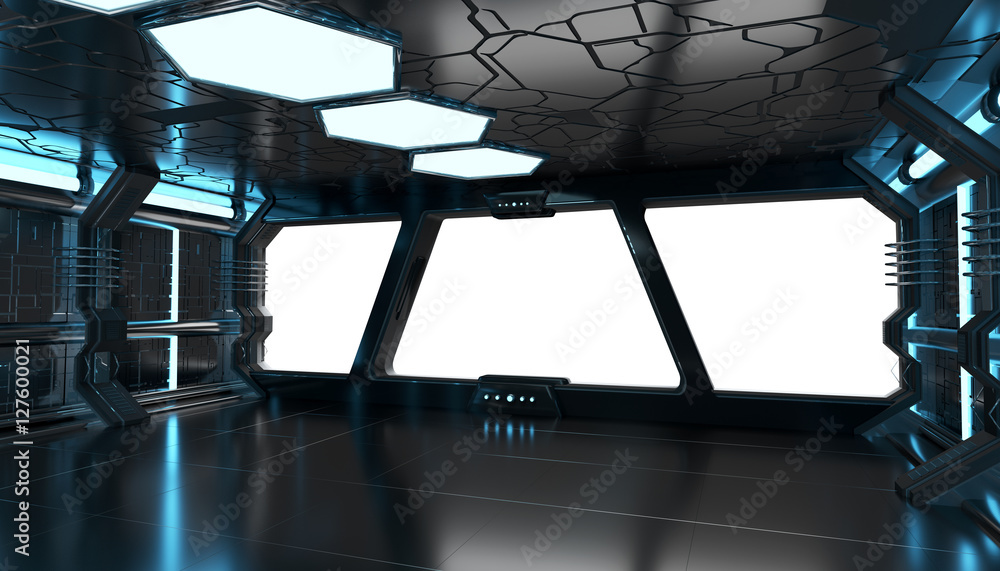 Poster spaceship blue interior with empty window 3d rendering elements