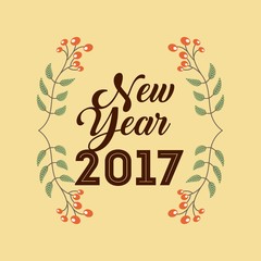 happy new year 2017  card with decorative wreath of leaves over yellow background. colorful design. vector illustration