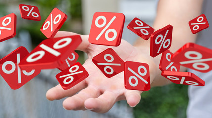 Businessman holding sales icons in his hand 3D rendering