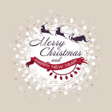 beautiful Christmas card with a garland and a silhouette of flying Santa`s sleigh. vector illustration