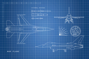 Drawing military aircraft. Top, side, front views. War plane wit