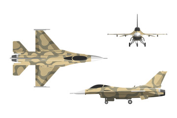 War plane in flat style. Military aircraft in top, side, front v
