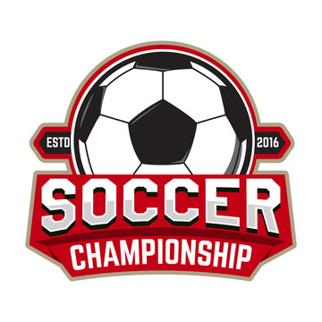 Soccer championship. Emblem template with football ball. Design element for logo, label, design. Vector illustration.