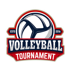 volleyball tournament. Emblem template with volleyball ball. Design element for logo, label, sign. Vector illustration.