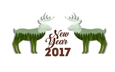 happy new year 2017  card with decorative deers icons over white background. colorful design. vector illustration