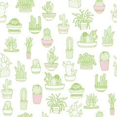 Cactus in a pot. Seamless background. Hand drawing. Vector illustration.